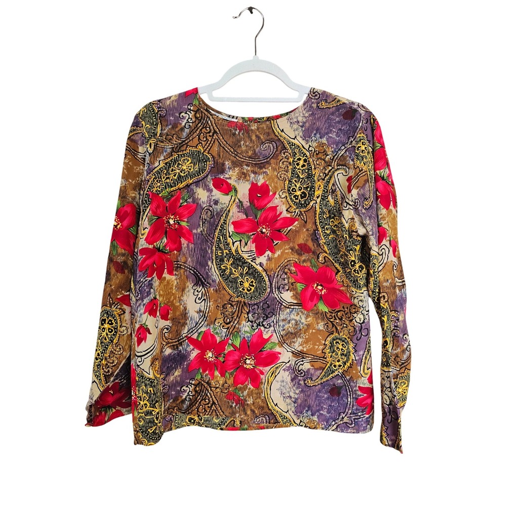 VINTAGE TESS 100% Silk Poinsettia‎ Blouse Button Down Red Floral Holiday M EUC